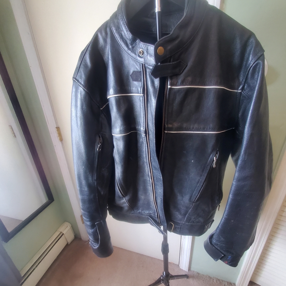 Wilsons Leather Black Leather Bomber Jacket with White Piping